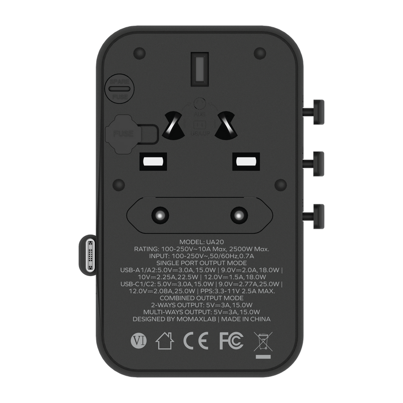 Momax AC Travel Adapter 3 Port (25w) With Built In USBC Cable (70cm)