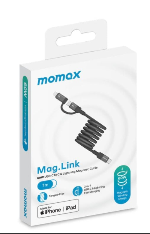 Momax Mag Link Duo Magnetic USB C To USB C And Lightning Cable 60W Up To 2M