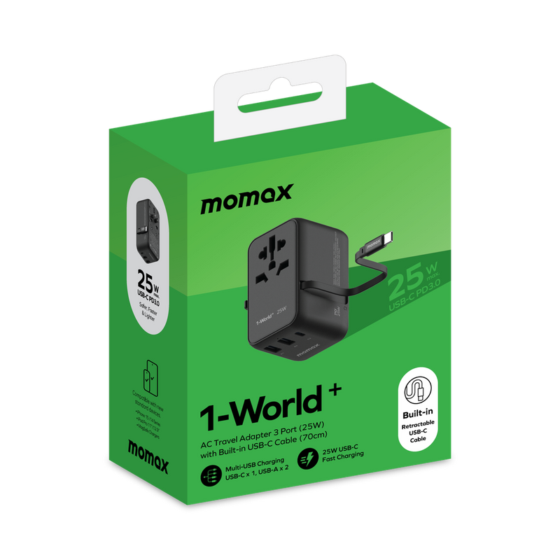 Momax AC Travel Adapter 3 Port (25w) With Built In USBC Cable (70cm)