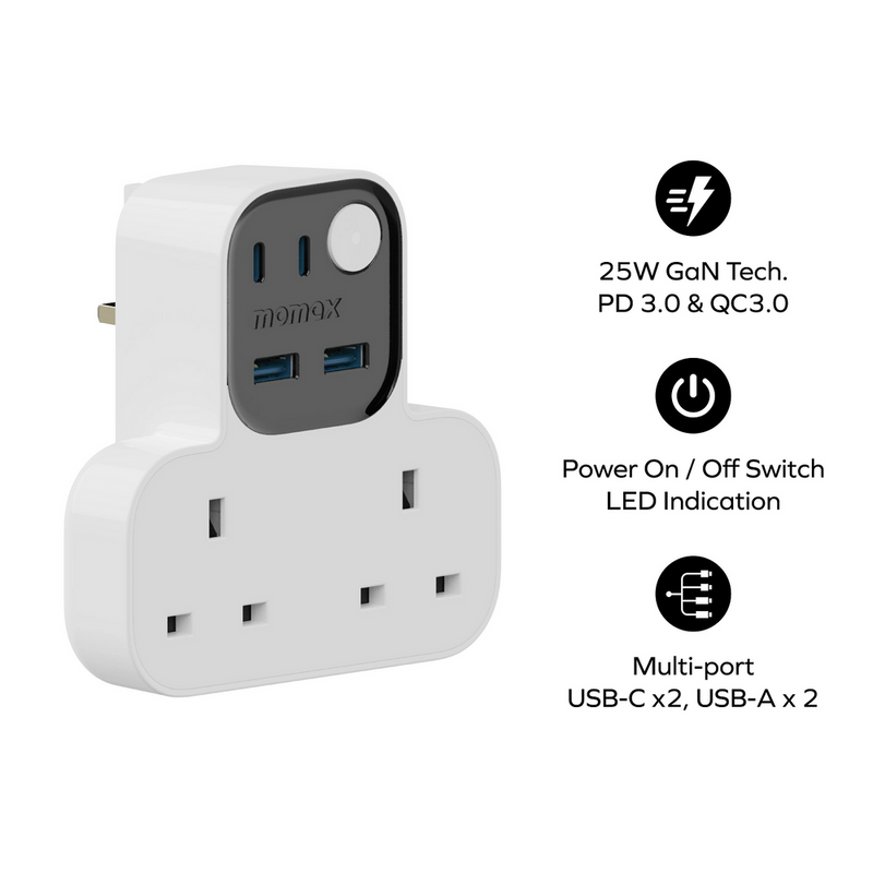 Momax T Shaped Extension Cord With 2 Sockets 2 USB A 2 USB C Ports