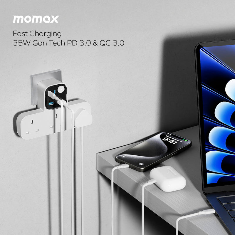 Momax T Shaped Extension Cord With 3 Sockets 2 USB A 2 USB C Ports
