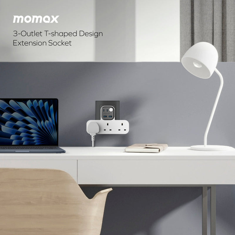 Momax T Shaped Extension Cord With 3 Sockets 2 USB A 2 USB C Ports