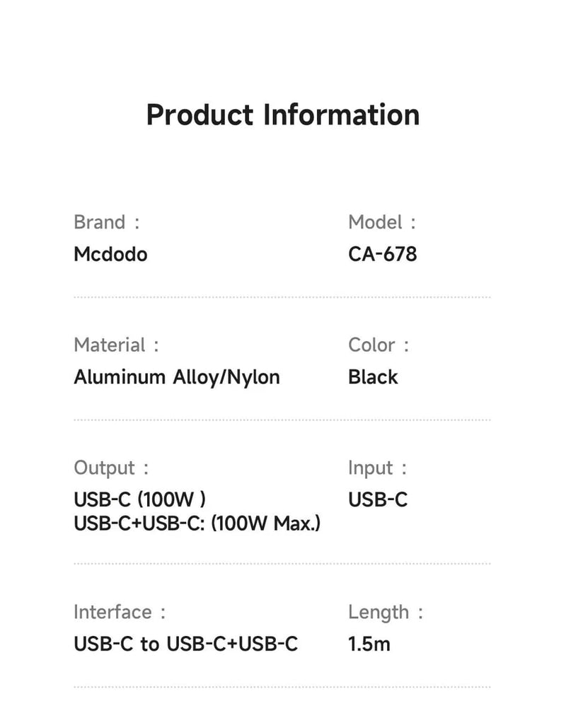 Mcdodo USB C Dual USB C 100W Self Winding Cable
