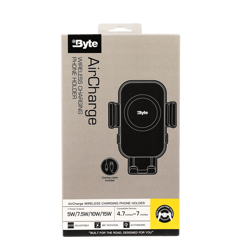Byte Air Charge Wireless Phone Holder - Front view showing 15W Qi-certified charging pad and secure grip arms.