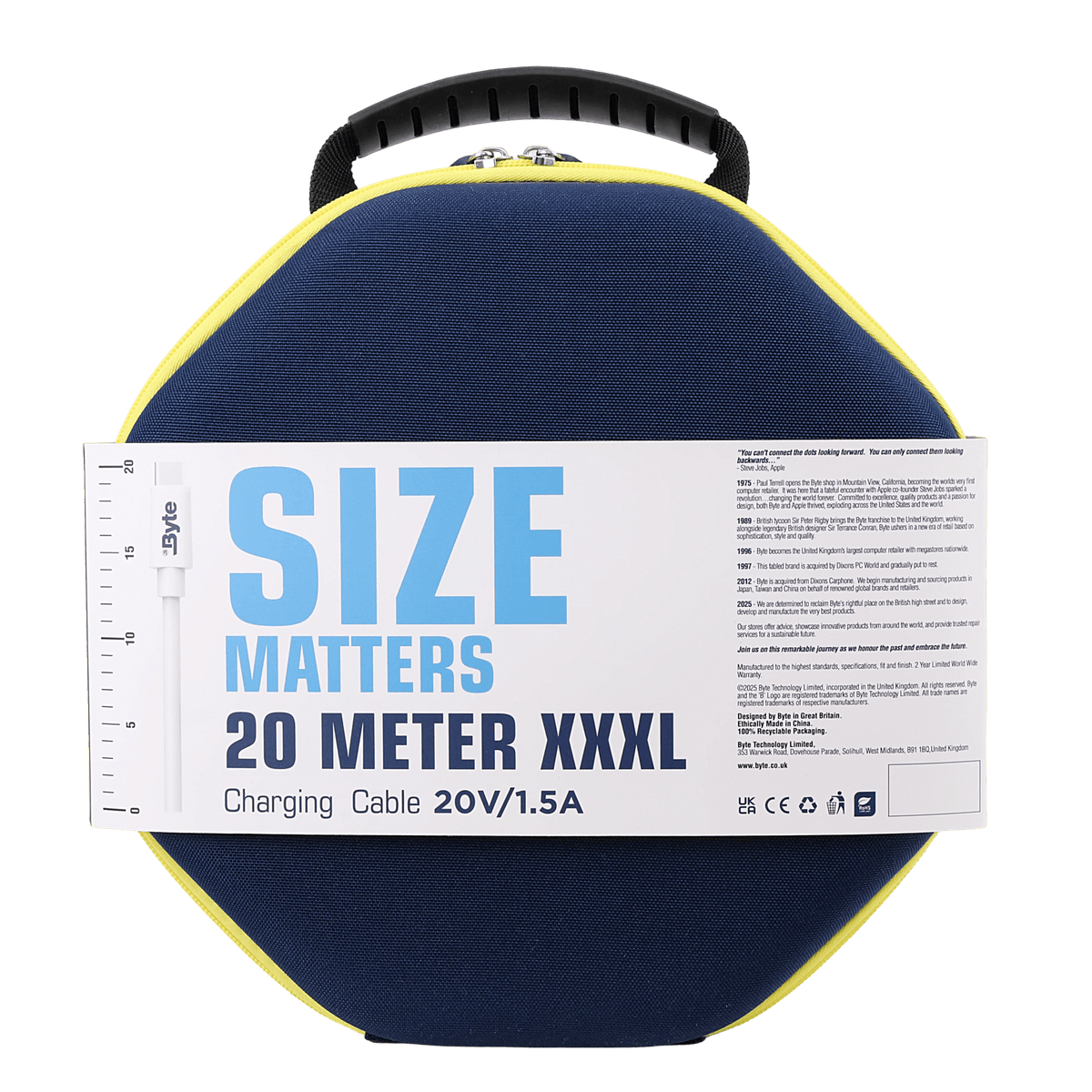 Byte 20 Meter XXXL USB-C to USB-C Cable - Extra-long 65ft charging cable coiled to show massive length and durability.