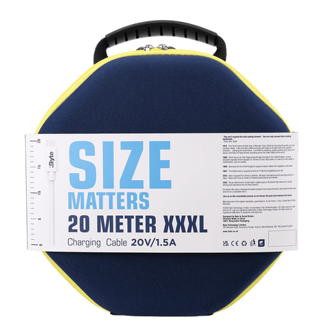 Byte 20 Meter XXXL USB-C to USB-C Cable - Extra-long 65ft charging cable coiled to show massive length and durability.
