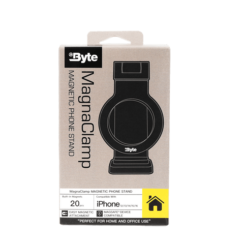 Byte Magna Clamp magnetic phone stand with MagSafe-compatible snap-on mount front view