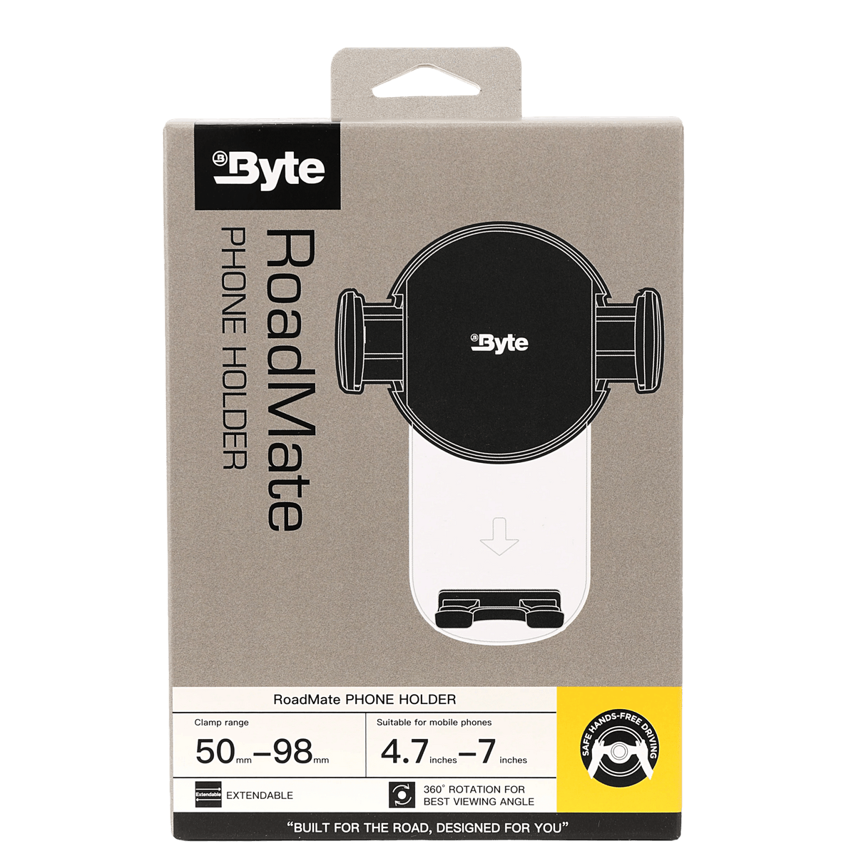 Byte Road Mate universal dashboard phone holder - Front view showing the adjustable gripping cradle.