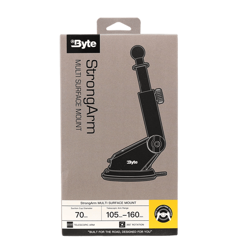 Byte Strong Arm Surface windscreen suction phone holder - Front view showing the long arm and phone cradle.