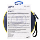 Back view of Byte XL 4m USB-C charging cable packaging showing 2-year warranty and 100% recyclable material info.