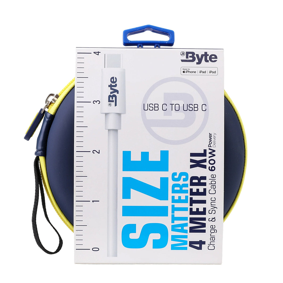 Byte 4m USB-C to USB-C cable with 60W Power Delivery and blue/yellow travel case. Front view of premium white cable.