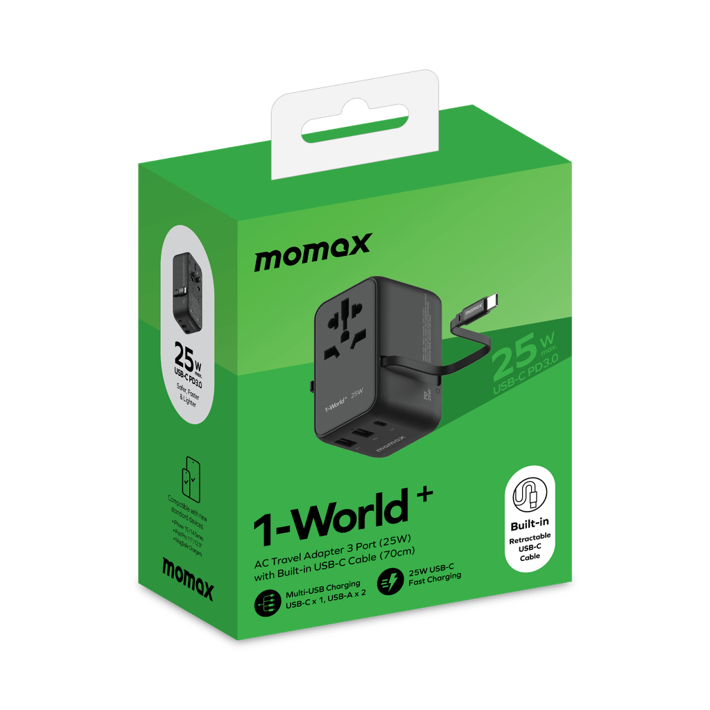 Momax 1-World+ 3-Port Travel Adapter 25W — Built-in USB-C Cable