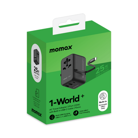Momax 1-World+ 3-Port Travel Adapter 25W — Built-in USB-C Cable
