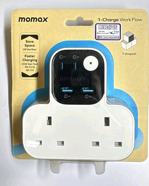MOMAX 1-Charge Work Flow T-Shaped Extension Cord — 2 Sockets, 2 USB-A, 2 USB-C