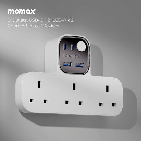 MOMAX 1-Charge Work Flow T-Shaped Extension Cord — 3 Sockets, 2 USB-A, 2 USB-C
