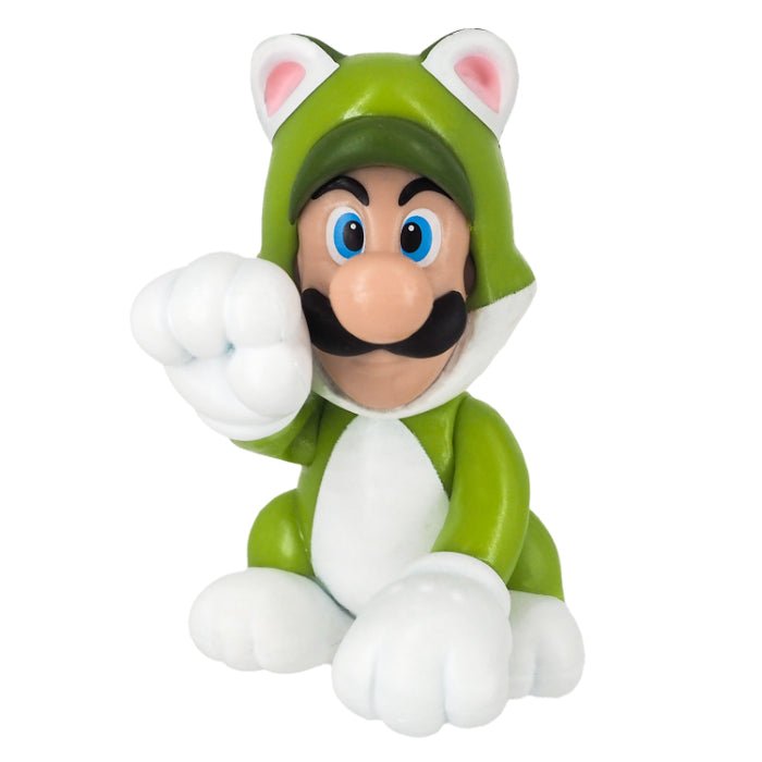 Official Super Mario Cat Luigi 6cm figurine front view showing the green cat suit and ears.