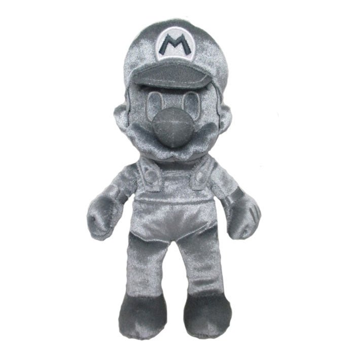 Official Super Mario Metal Mario plush front view showcasing its unique high-shine silver fabric and signature cap.