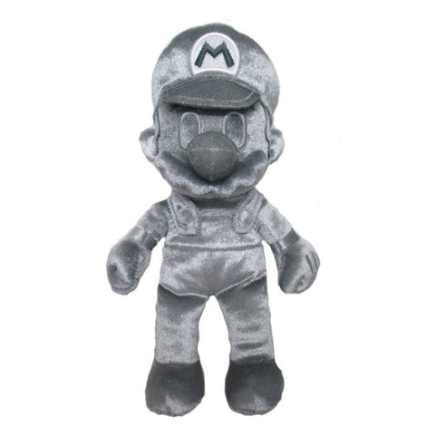 Official Super Mario Metal Mario plush front view showcasing its unique high-shine silver fabric and signature cap.