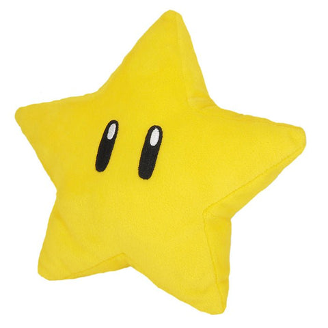 Official Super Mario Super Star plush front view showcasing its vibrant yellow fabric and embroidered black eyes.
